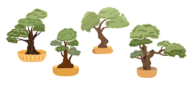 Decorative bonsai trees set domestic plant simple cartoon Japanese traditional culture flat style