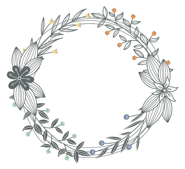 Decorative botany circle Round floral retro wreath isolated on white background