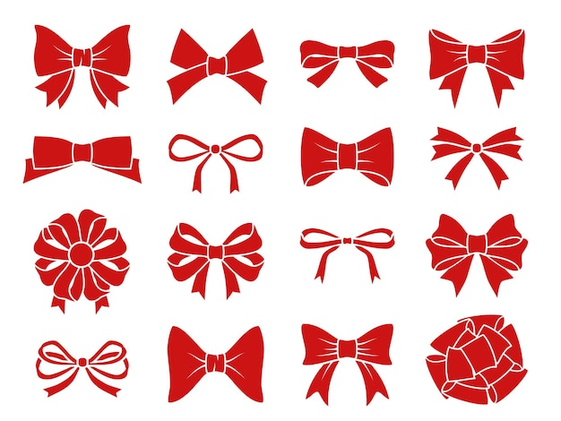 Vector decorative bow set. red gift bows silhouettes, adornment satin ribbons for present boxes, wedding or xmas accessory holiday packaging or card, elegant gift tape vector flat isolated icon collection