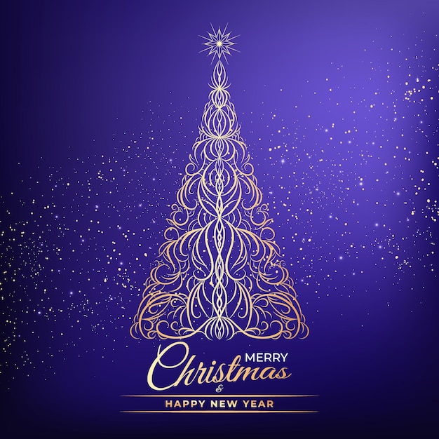 Decorative card of golden christmas tree star text lettering happy new year merry christmas symbol ornate elements for winter holidays xmas design vector sketch illustration on blue background