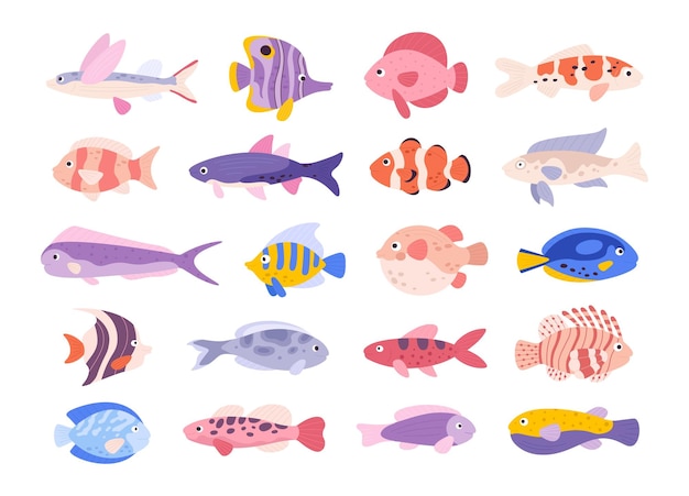 Decorative cartoon tropical sea coral fishes for aquarium Clown lion angel guppy and flying fish Ocean underwater exotic pet vector set
