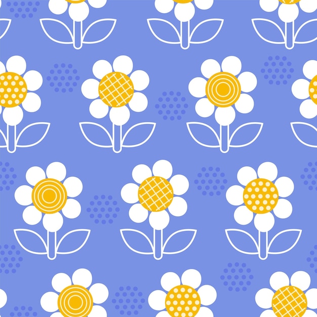 Vector decorative chamomiles pattern repeated daisy flowers yellow middle white petals meadow and field plants vector seamless background