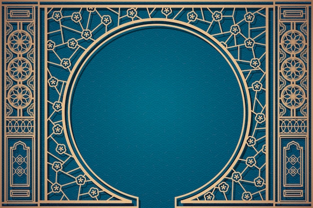 Decorative chinese window pattern on blue wavy background