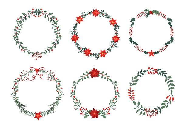 Decorative Christmas wreaths featuring red flowers green foliage and holiday accents