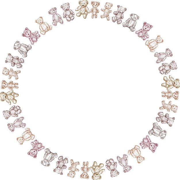 Decorative circle border from sketches various old teddy bears