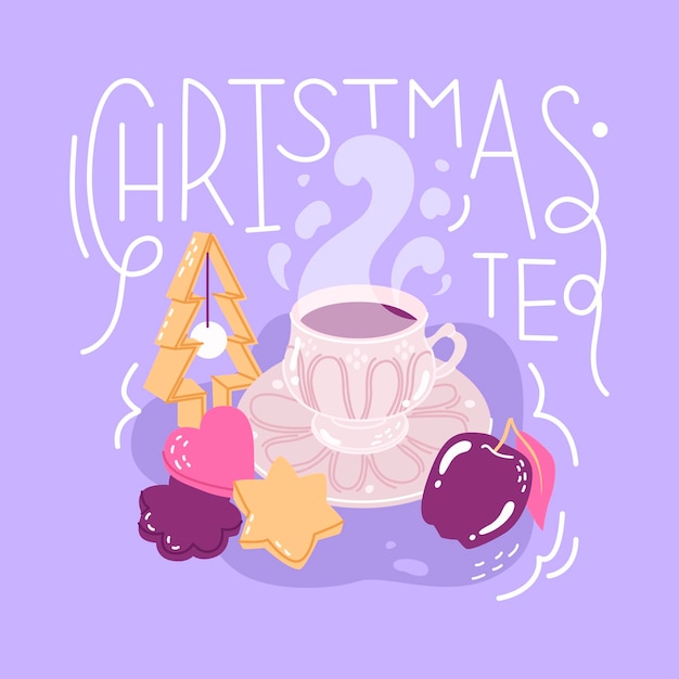 一杯のお茶とクリスマスの装飾で装飾的な構成 お祝いのテーブルの設定 お祝いのフレーズ クリスマス ティー お祝いの装飾とレタリング ベクトル図のフラット スタイル