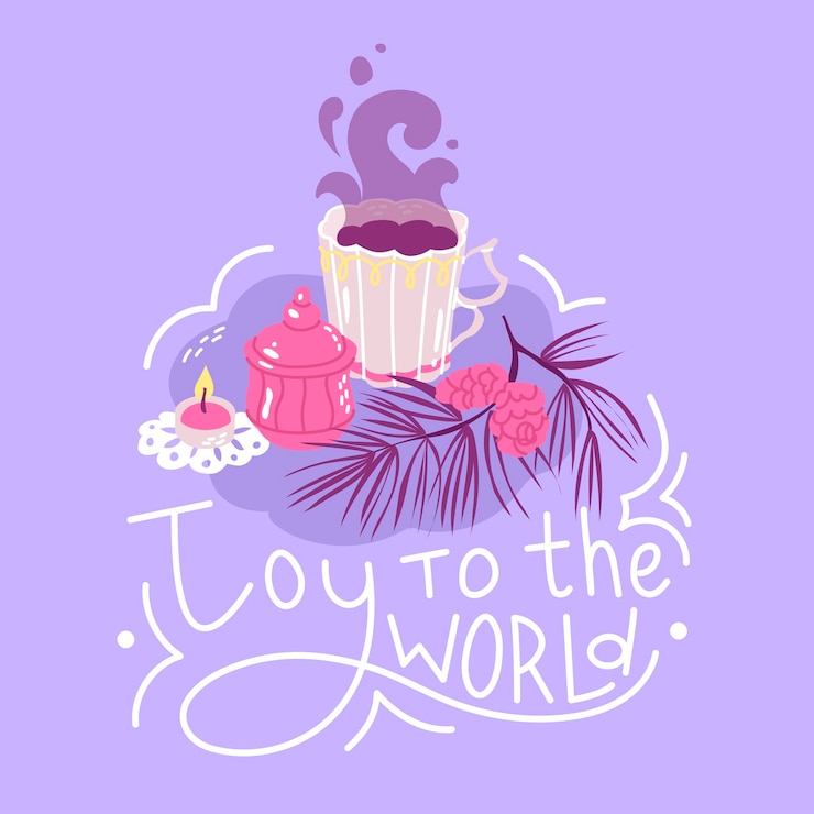 Vector decorative composition with a cup of tea and christmas decorations festive table setting congratulatory phrase joy to the world festive decor and lettering flat style in vector illustration