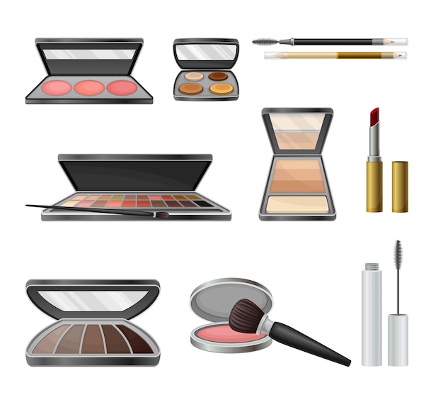 Vector decorative cosmetics or color cosmetics with eye shadow and facepowder vector set