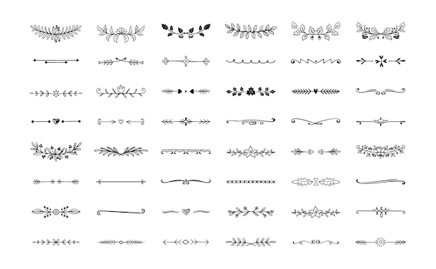 Декоративные разделители Старинные ручные бордюрные украшения для поздравительных открыток и плакатов Шаблоны для скрапбукинга Подчеркивания со стрелками сердца оставляют Элементы векторного дизайна разделительной линии набор