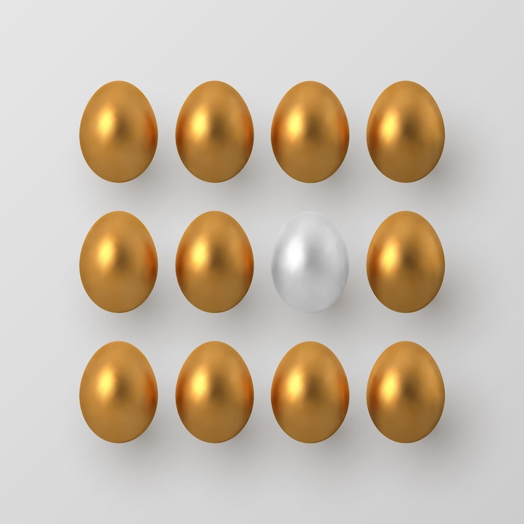 Vector decorative easter concept. 3d metallic golden and white eggs.