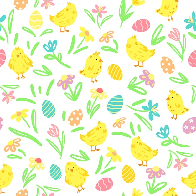 Decorative easter seamless pattern with cute chikens easter eggs and spring flowers