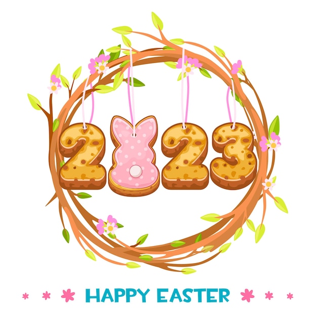 Decorative Easter wreath with bunny and year 2023