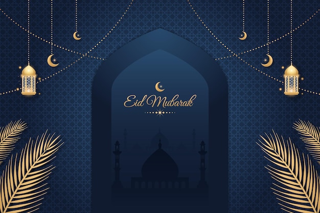 Vector decorative eid mubarak islamic background with mosque and lanterns