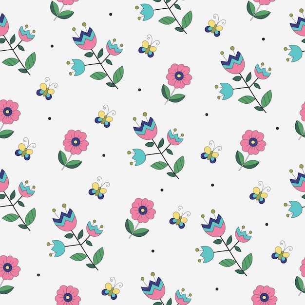Decorative element doodle flowers, leaves and butterflies seamless pattern
