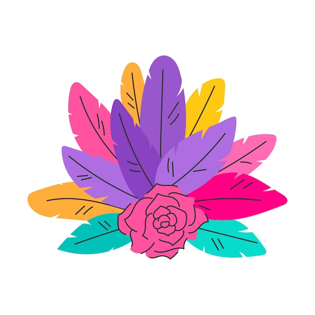 Vettore elemento decorativo con piume brillanti e fiore di rosa illustrazione vettoriale di cartoni animati piatti isolati su sfondo bianco