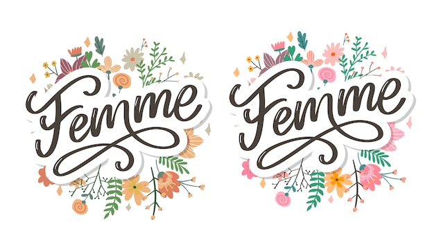 Vector decorative femme text lettering calligraphy with floral wreath set