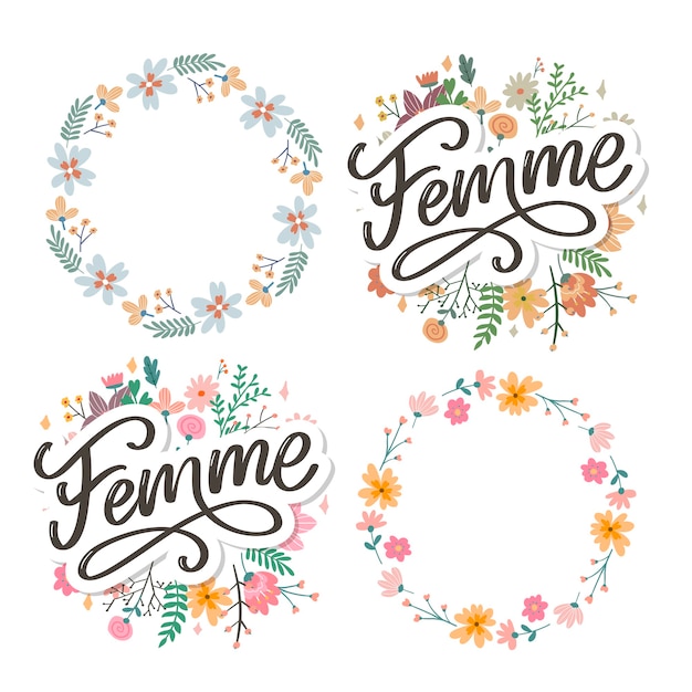 Decorative femme text lettering set with floral wreath