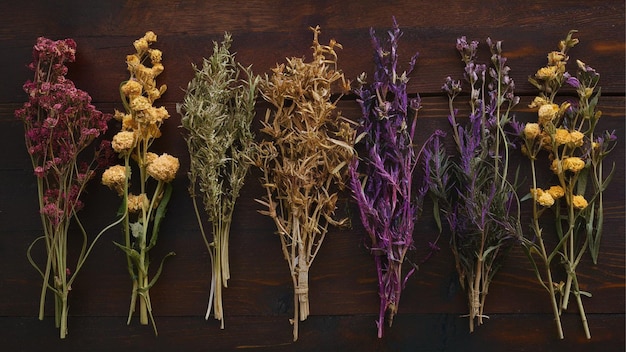 Vector a decorative flat lay of dried flowers and herbs arranged artistically on a wooden surface