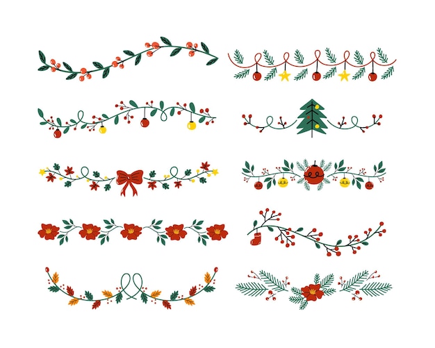 Vector decorative floral christmas dividers and borders with mistletoe leaves fir branches and twigs