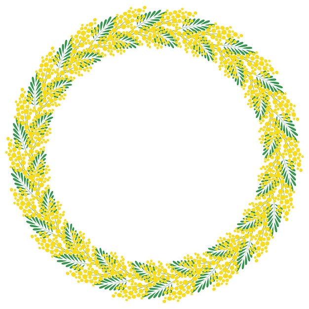 Вектор Декоративная цветочная круглая рамка рамка из ветвей цветущей мимозы шаблон для открытки пригласительная открытка векторная иллюстрация