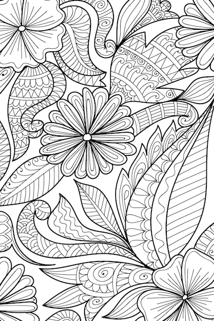 Страница книжки-раскраски с декоративными цветами в подробном стиле хны