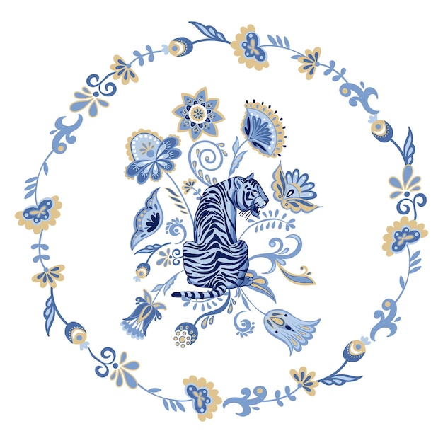 Декоративная цветочная композиция с темно-синим северным тигром и абстрактными восточными цветами и растениями