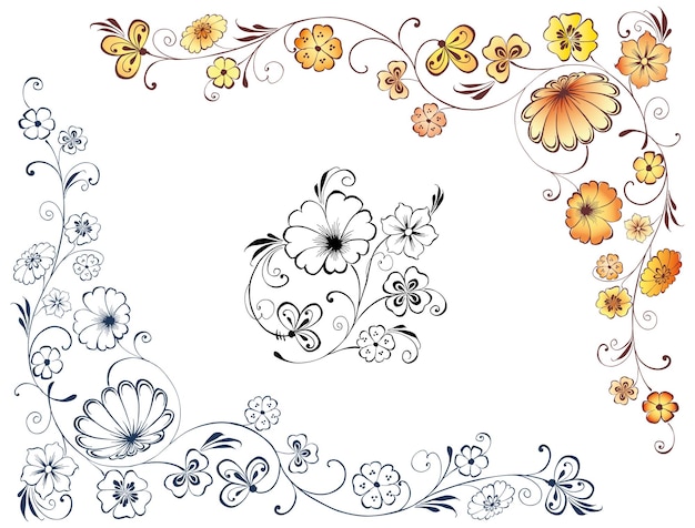 Decorative floral corners from outlines fantasy blooming twigs