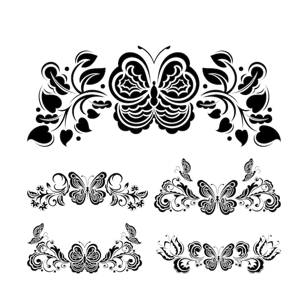 Ornamento floreale decorativo con elemento a farfalla per set di design buono per tatuaggi, stampe e cartoline illustrazione vettoriale