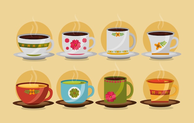 Vector decorative flower cups coffee and tea collection