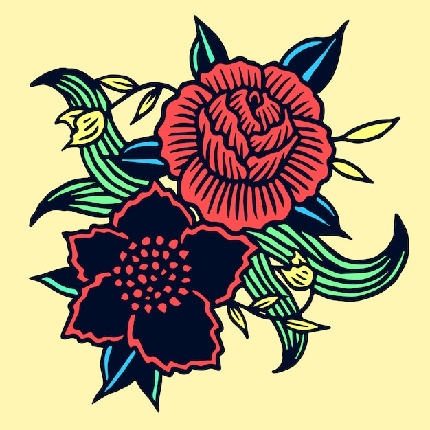 Vector decorative flowers illustration old school tattoo vector