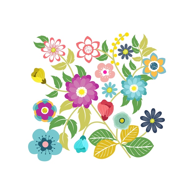 Decorative flowers and leaves in flat style