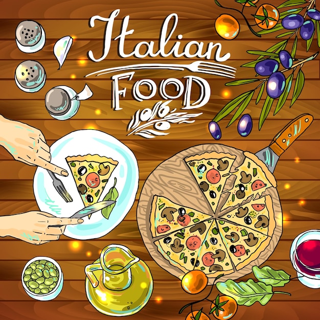 Decorative food beautiful handdraw pizza and vegetables in the wood texture