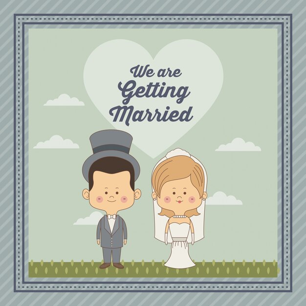 Decorative frame of just married couple bride with blonded hair and groom with hat