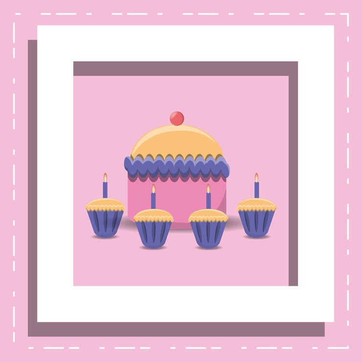 Vector decorative frame with birthday cake and cupcakes over pink background