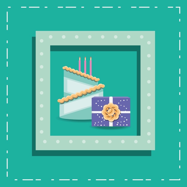 Decorative frame with birthday cake and gift box icon over turquoise background