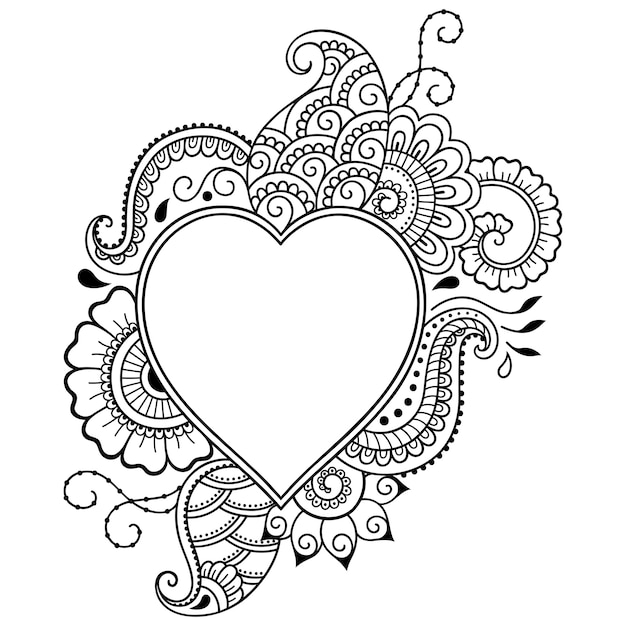 Decorative frame with floral pattern in forn of heart .   Doodle ornament in black and white. Outline hand draw   illustration.