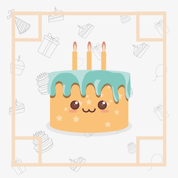 Decorative frame with kawaii birthday cake with candles icon over white background