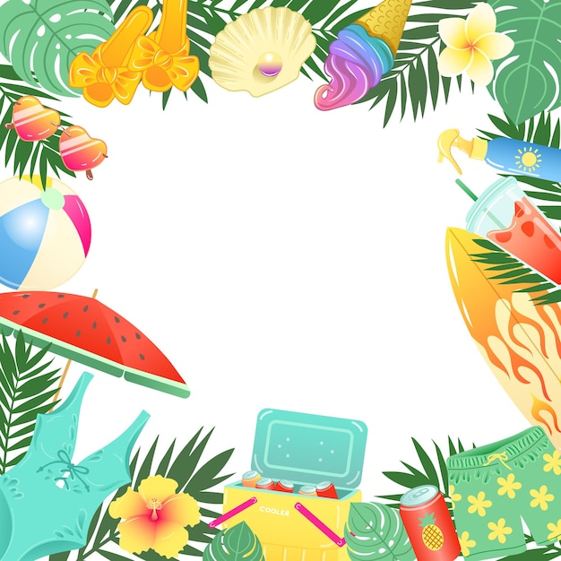 Vector decorative frame with summer beach accessories and tropical leaves in bright colors