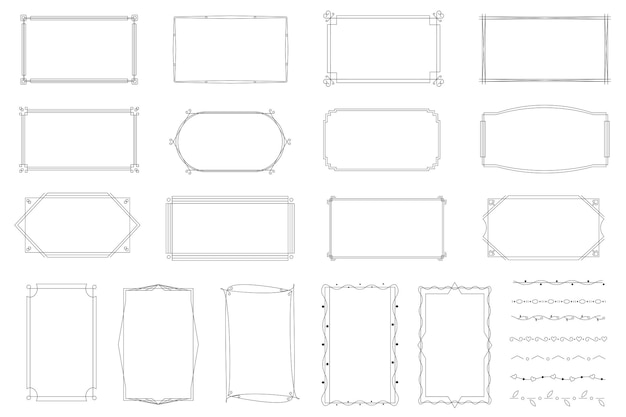 장식 프레임은 평면 디자인의 그래픽 요소를 설정합니다. 컬 모서리가 있는 빈티지 라인 서예 테두리 번들 사각형 장식 인증서 템플릿 벡터 그림 격리 개체