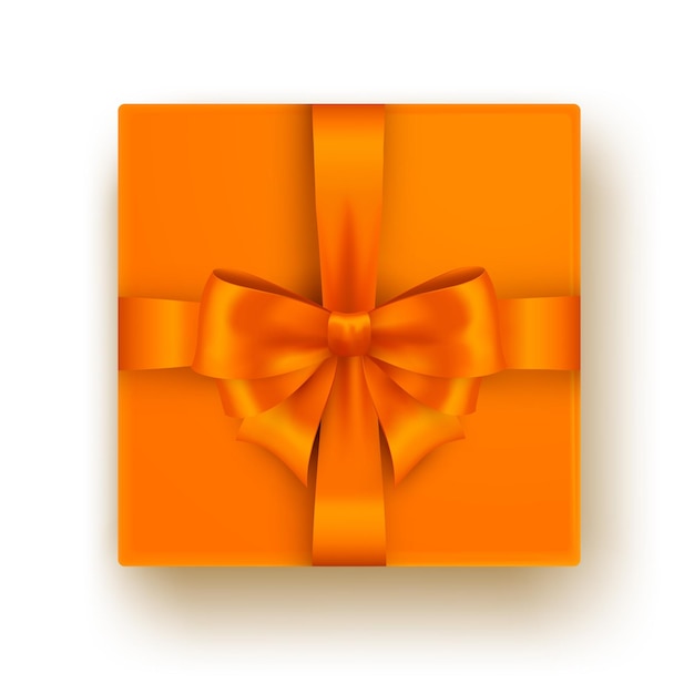 ベクトル オレンジ色の弓と白い背景の上の分離されたリボンの上の装飾的なギフトボックス上面図ベクトル