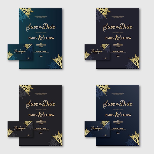 Decorative gradient golden mandala with floral wedding invitation with in a group of set template