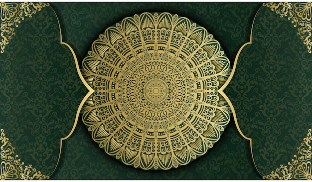 Decorative greeting card. Fantastic ornamental mandala design background in gold color.