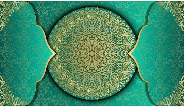 Decorative greeting card. Fantastic ornamental mandala design background in gold color.