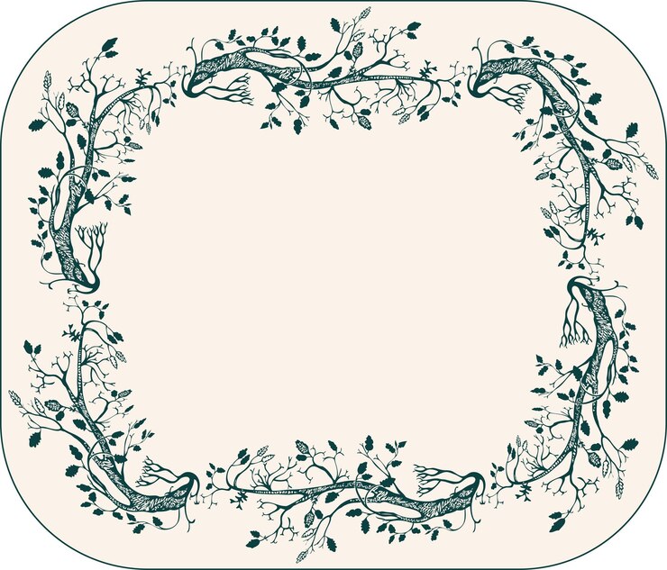 Vector decorative greeting card with border from silhouettes curved fantasy trees