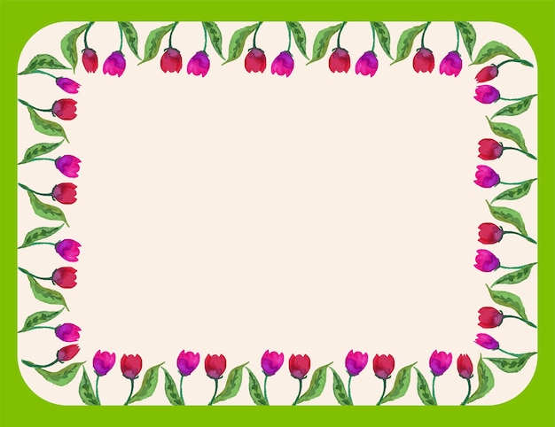 Decorative greeting card with border from watercolor pink tulips with green leaves
