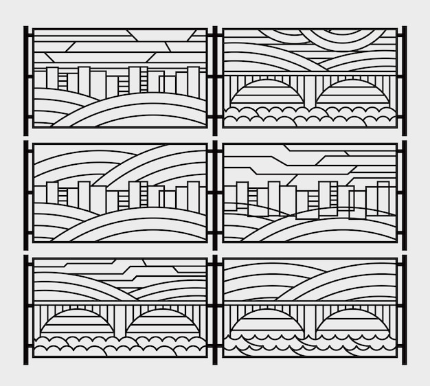 Decorative grill for a fence or a fireplace grate Stylized graphics city river bridge sky