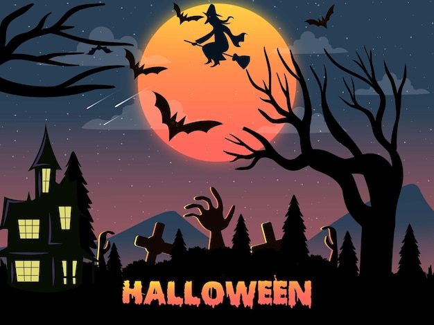 Decorative Halloween background with various trees, and grave.