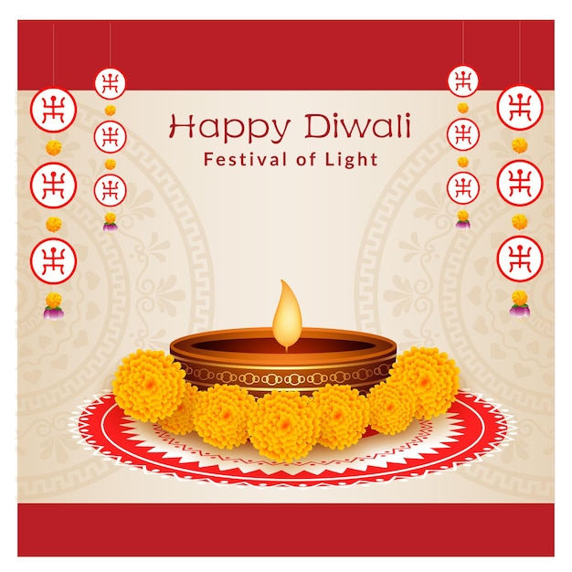 Decorative happy Diwali festival background with oil lamp and mandala art