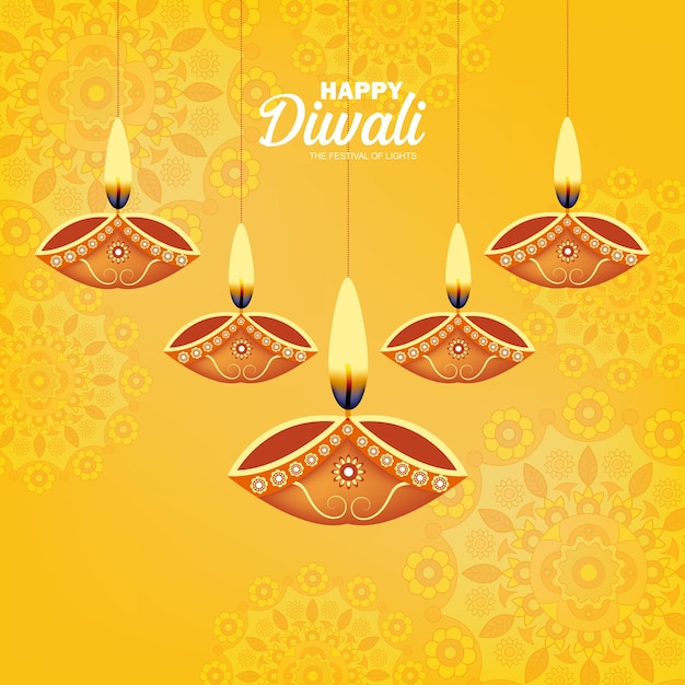 Decorative happy Diwali greeting card with hanging diya