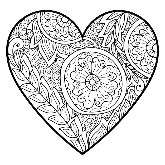 Decorative henna style heart coloring book page